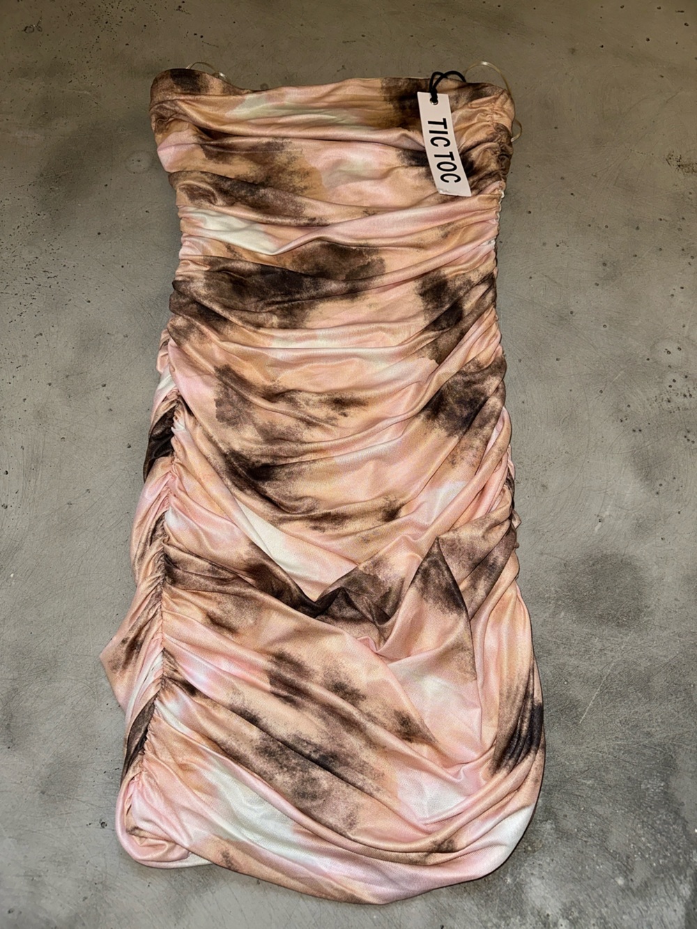 Ruched Tie-Dye Strapless Dress in Pink and Brown New